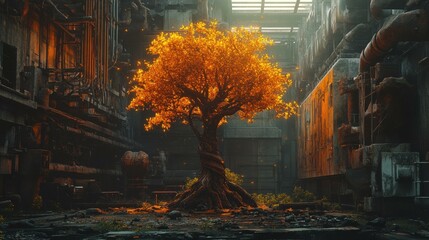 Obraz premium Flowering tree standing near ruined industrial building outdoors