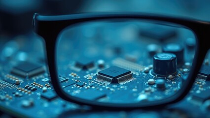 Technician inspecting microchip on circuit board through eyeglasses
