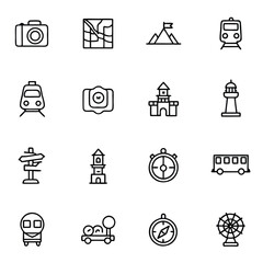 This line art portrays iconic symbols for exploration, including transport, landmarks, and navigation tools