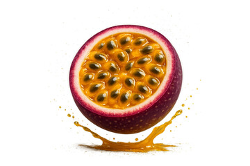 Halved passion fruit showing glossy golden pulp and black seeds, deep purple rind, gentle sprinkle of sugar dust around, light juice splash beneath, vivid tropical style, food render, isolated