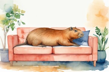 capybara on a couch. trendy pet meme animal. White copy space top, room for text. 