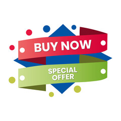 Buy Now Ribbon Banner Design with Abstract Shapes on a White Background. Red, Green, and Blue Editable Banner.