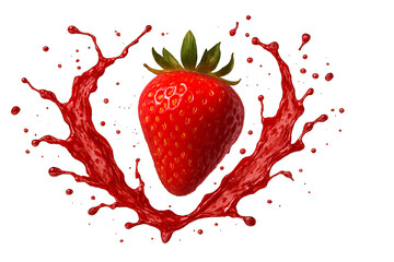 Floating strawberry captured in mid-air surrounded by a vivid splash of red juice, high-speed freeze frame, isolated on transparent background with realistic lighting and fine detail