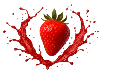 Floating strawberry captured in mid-air surrounded by a vivid splash of red juice, high-speed freeze frame, isolated on transparent background with realistic lighting and fine detail