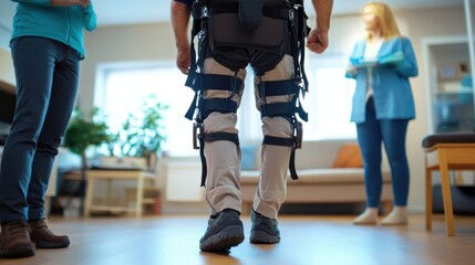 Man in Exoskeleton Walking with Medical Professionals in Rehabilitation Setting