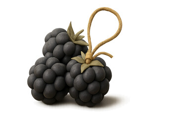 Cluster of matte blackberries with uneven shapes and soft natural texture without gloss, thin burlap string looped around one berry, evoking rustic countryside vibe, isolated on transparent background
