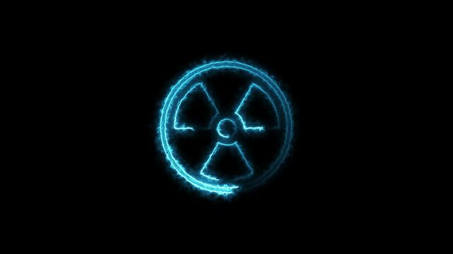 Cyan radioactive hazard symbol on black background. Animated nuclear nuke hazardous material missile warning icon symbol. 