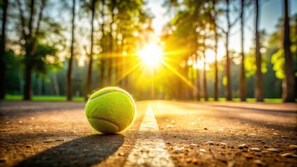 A tennis ball bouncing on a dry grassy court with sunlight filtering through the trees in the background