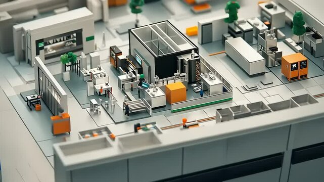 Miniature model of a modern kitchen layout showcasing chefs preparing dishes in a bustling restaurant environment