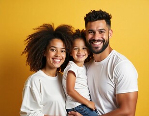 Fototapeta premium A joyful family stands together in a vibrant yellow setting, with the father proudly holding his smiling daughter Generative AI
