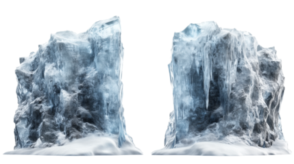 Iceberg, blue ice mountain with white snow and deep crevasses, steep terrain of ice, glacier landscape, blue ice mountain covered in snow, on a transparent backgrounds