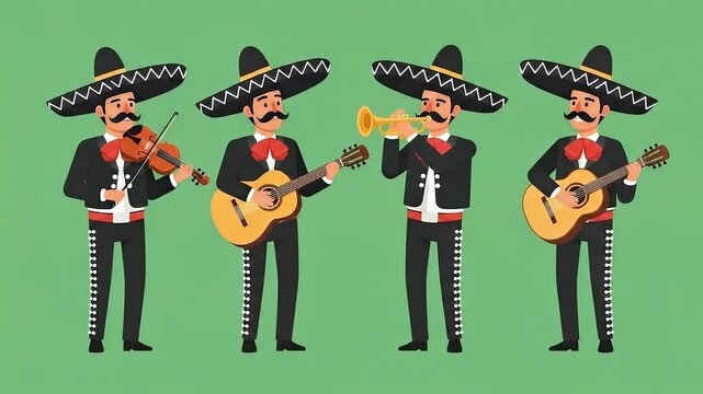 Mariachi cartoon band playing traditional instruments. 4K Video