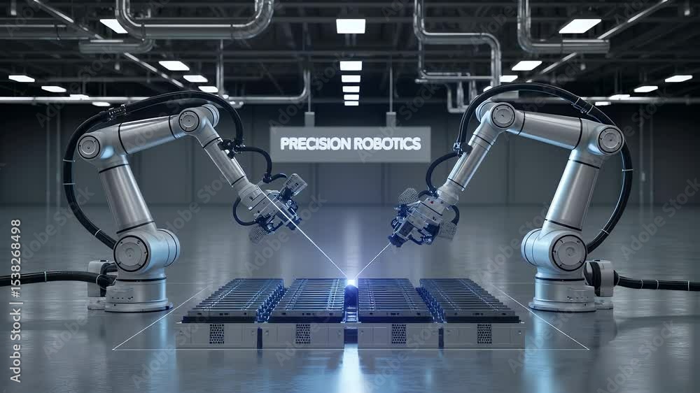 Poster robotic precision: cutting-edge robotic arms engage in a precise manufacturing task within a high-te