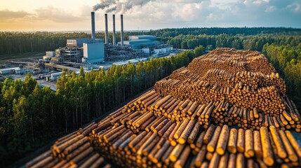 Industrial forestry; logs stacked, factory
