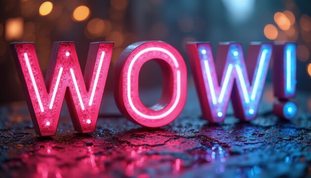 Neon sign spelling 'WOW!' in urban outdoor setting at night - Powered by Adobe