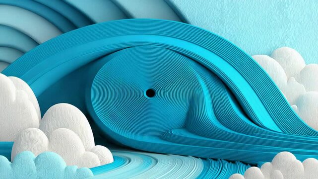 Blue paper landscape animation with rolling ocean waves and fluffy clouds abstract 3D