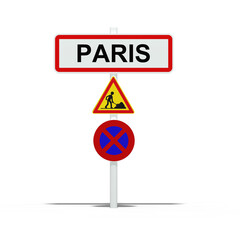 panneau routier de la ville de Paris avec signalisation de travaux et d'interdiction de stationner - rendu 3D sur fond transparent