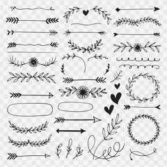  hand-drawn black and white decorative vector elements. Include a variety of ornate dividers, borders, floral flourishes, leafy branches, swirls, hearts, arrows, and circular wreaths