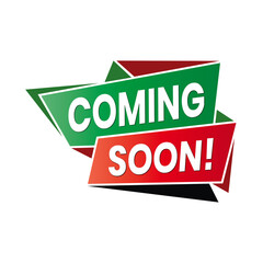 Coming Soon Message Highlighted with Vibrant Ribbons and Geometric Patterns on a White Modern Background. Green and Red Editable Banner.