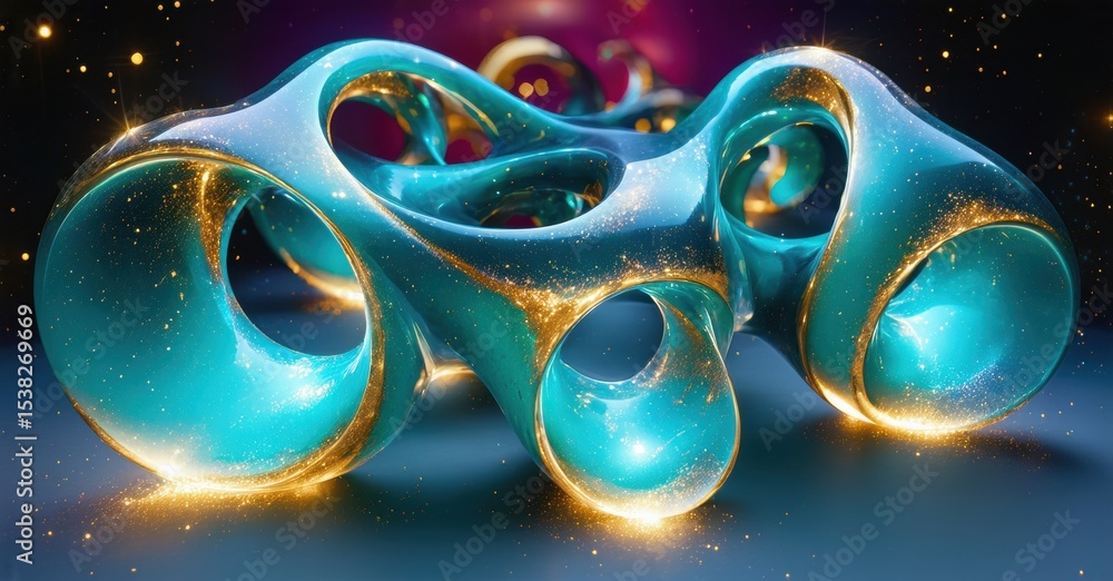 Poster abstract sculpture glows. turquoise, gold hues create dynamic form. dark background emphasizes lumin
