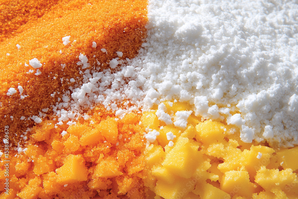 Poster smooth and rough textures of mango and coconut side by side