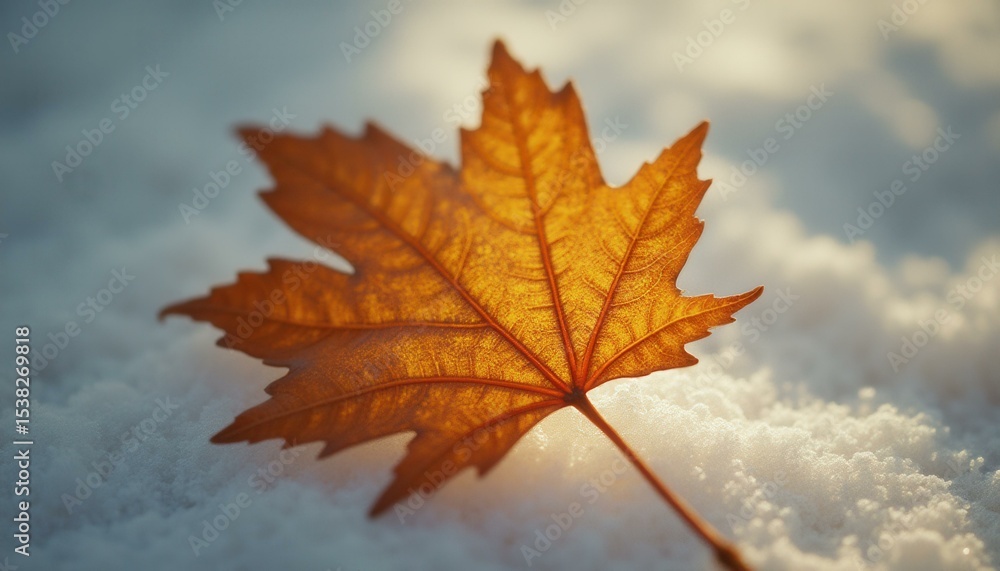 Poster single maple leaf lying on snow-covered ground in autumn