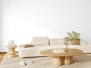 Angled Scandinavian Living Room PNG with Modular Sofa and Coffee Table – Wall-Free Cutout – Transparent Wall Mockup with Realistic Shadows – 3D render