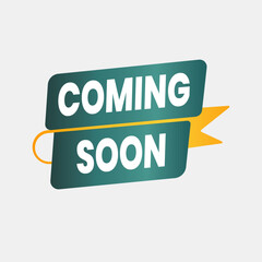 Stylish Coming Soon Announcement with Abstract Shapes and Ribbon Accents on a Clean White Surface. Green and Yellow Editable Banner.