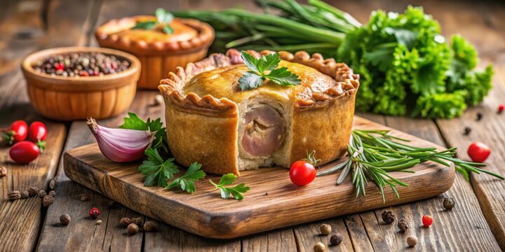 Traditional English pork pie on a wooden cutting board with fresh herbs and spices