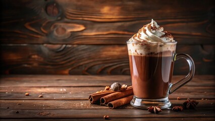 A steaming glass mug filled with rich hot chocolate topped with creamy whipped cream and sprinkled with cocoa powder details on a warm wooden table background