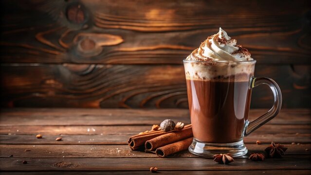 A steaming glass mug filled with rich hot chocolate topped with creamy whipped cream and sprinkled with cocoa powder details on a warm wooden table background - Powered by Adobe
