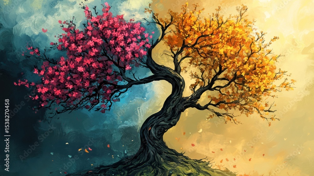Poster Tree with contrasting spring and autumn foliage in nature