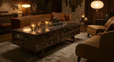 Luxurious Living Room Interior Design Elegant Marble Coffee Table and Leather Furniture