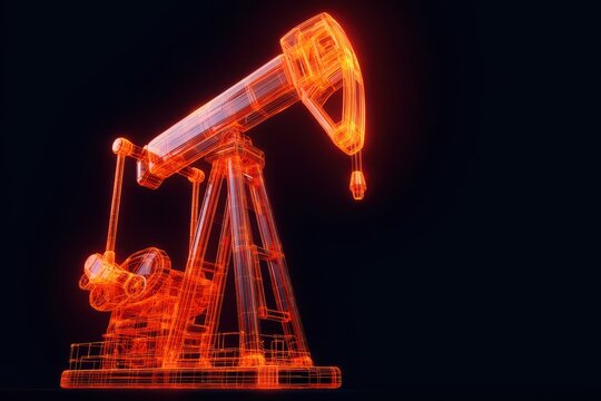 A digital wireframe model of an oil pumpjack in bright orange on a black background.