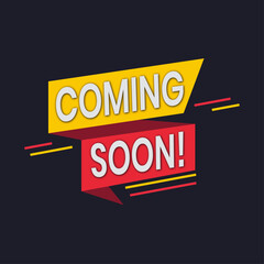Coming Soon Banner with Colorful Geometric Shapes and Flowing Ribbons on a Clean Black Background. Yellow and Red Editable Banner.