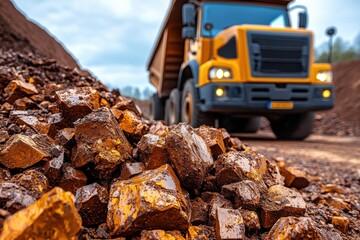 Yellow dump truck near pile of rusty rocks