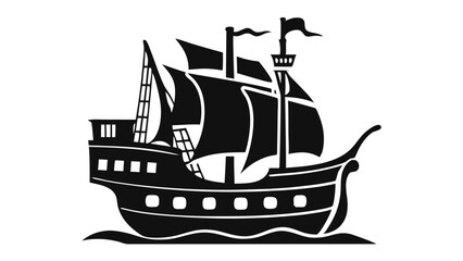 Black silhouette shows the sailing ship boat floating in the ocean water waves