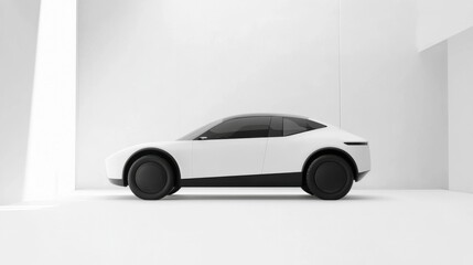 Modern car parked in clean white room during daytime