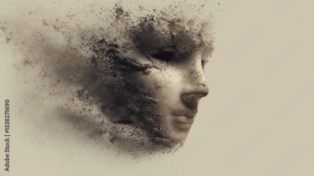 Poster Surreal Mask Dissolving Into a Neutral Void Creating an Ethereal Atmosphere of Transformation and Introspection