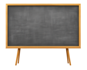 Wooden frame chalkboard with chalk marks stands on tripod legs, isolated on transparency background, perfect for education, school, or cafe menu concepts, evoking nostalgic and classic atmosphere