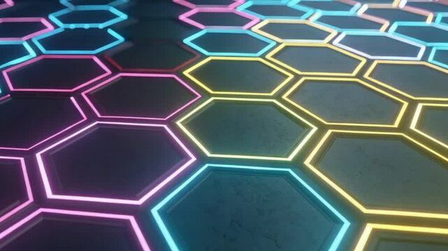 Abstract Hexagon Neon Lights Animation Seamless Loop 4 K Ultra H D Background Futuristic Technology Cyberpunk Glowing Geometric Pattern Colorful Design Modern Digital Interface