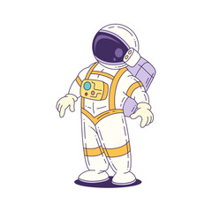 Mascot astronaut in cartoon style wearing a white suit with yellow details and helmet, standing isolated and prepared for space exploration. Perfect for educational use. Vector illustration