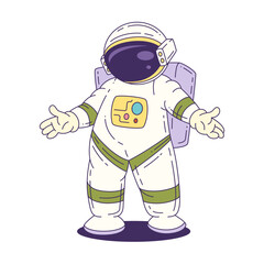 Cartoon astronaut mascot in a white suit with a jetpack standing with arms open, perfect for educational and science-themed designs. Vector mascot illustration.