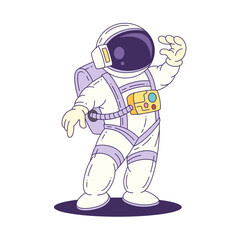 Cartoon mascot astronaut in a white suit with a colorful chest device waves hand in dynamic pose, ideal for science and education. Vector illustration