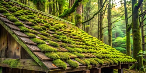 Aged wooden roof covered in lush green moss