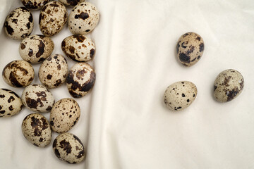 Spotted quail eggs separated by folds on light fabric