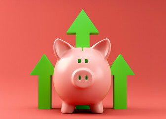 Pink piggy bank surrounded by green upward arrows on a red background, symbolizing financial growth and savings.