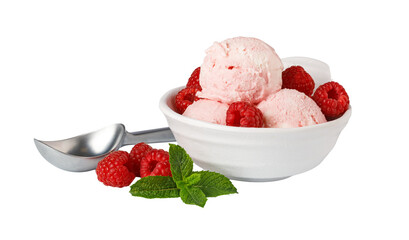 Raspberry ice cream scoops with fresh raspberries and mint on transparent background