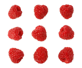 Nine fresh raspberries rotating on transparent background
