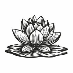 Fototapeta premium Elegant lotus flower on water. Detailed drawing of water lily on pad. Exquisite monochrome illustration of blooming lotus for spa brochures or meditation posters.